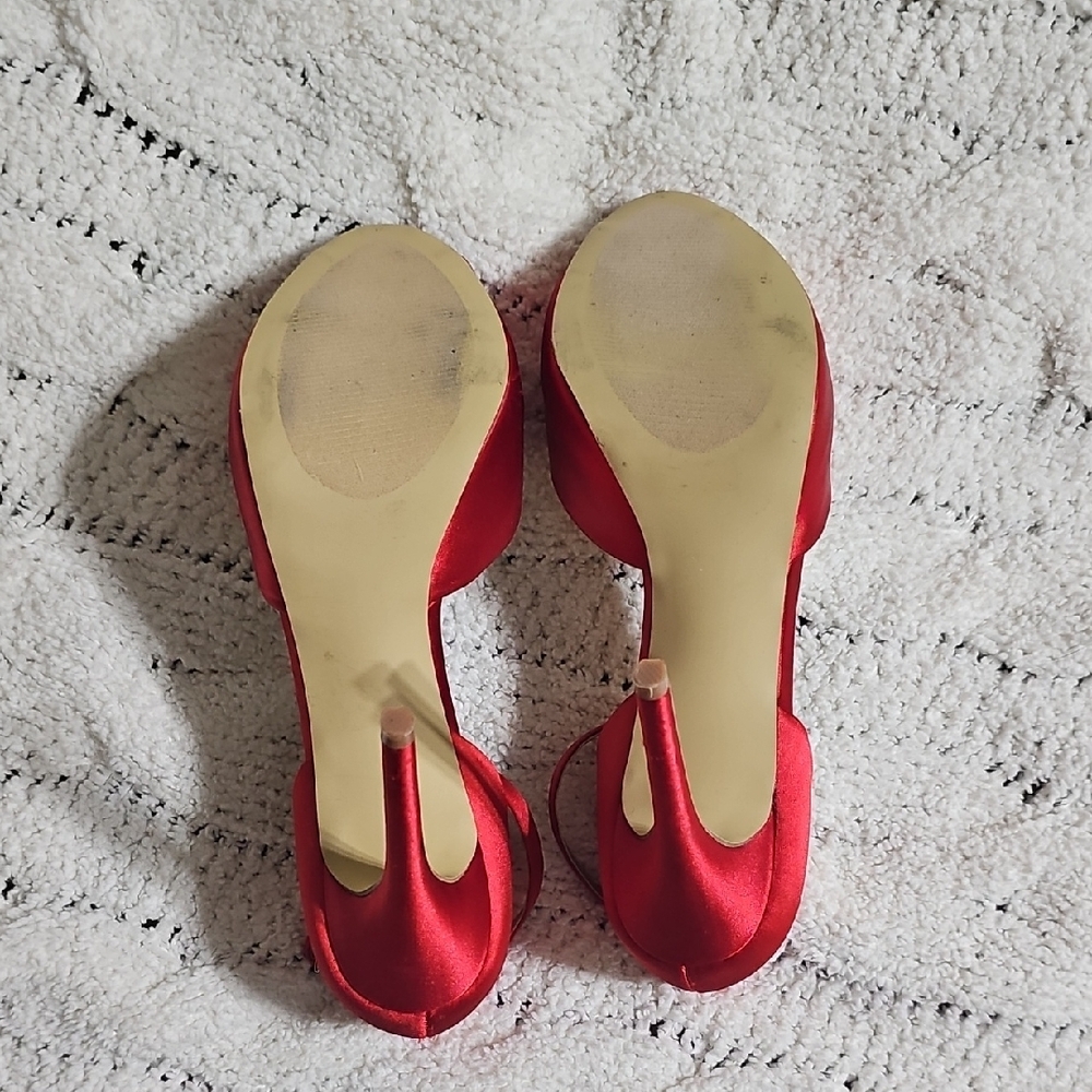 Badgley Mischka Red Satin Heels with Crystal Accents - Picture 4 of 6